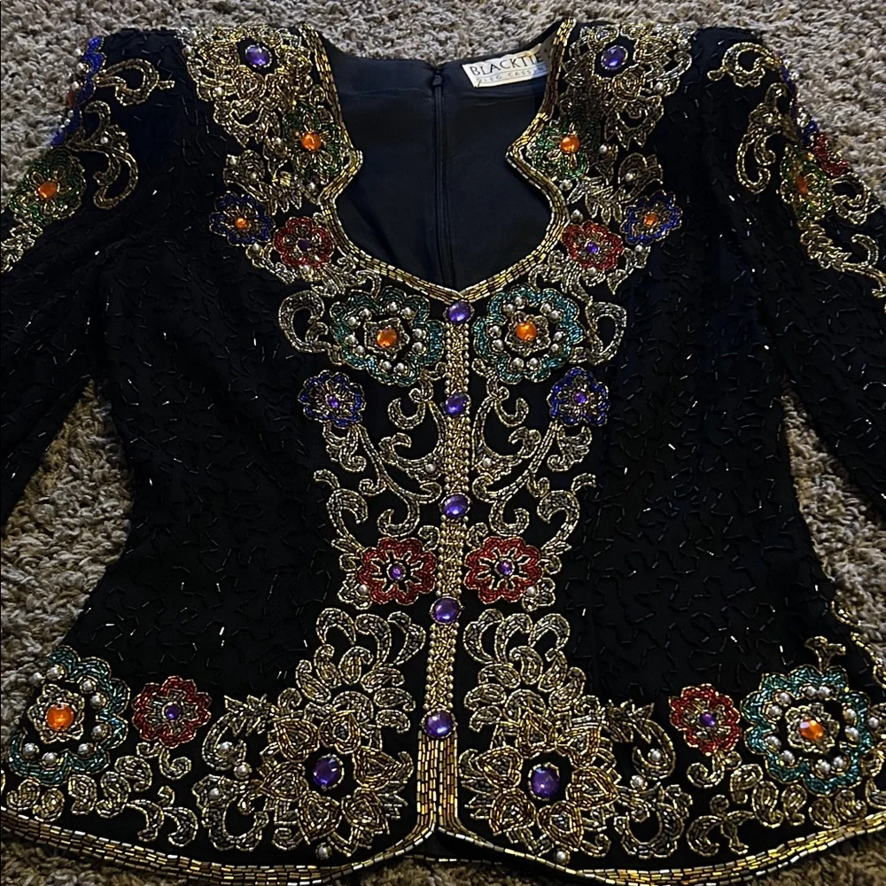 1980s Oleg Cassini Black Tie Multicolor Embellished Top - Picture 2 of 7